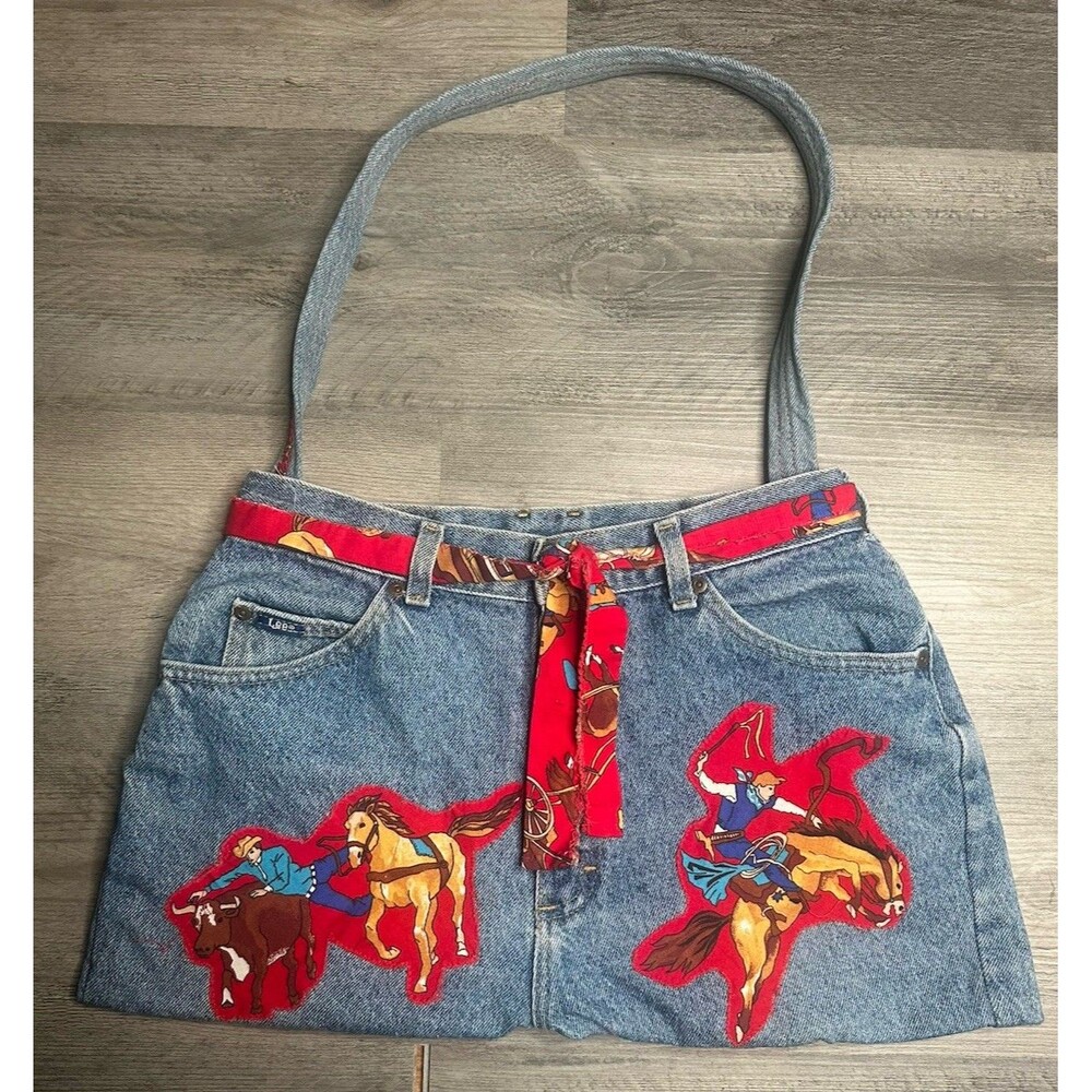 Handmade Vtg LEE Denim Shoulder Bag Purse Western Rodeo Cowboy Patches